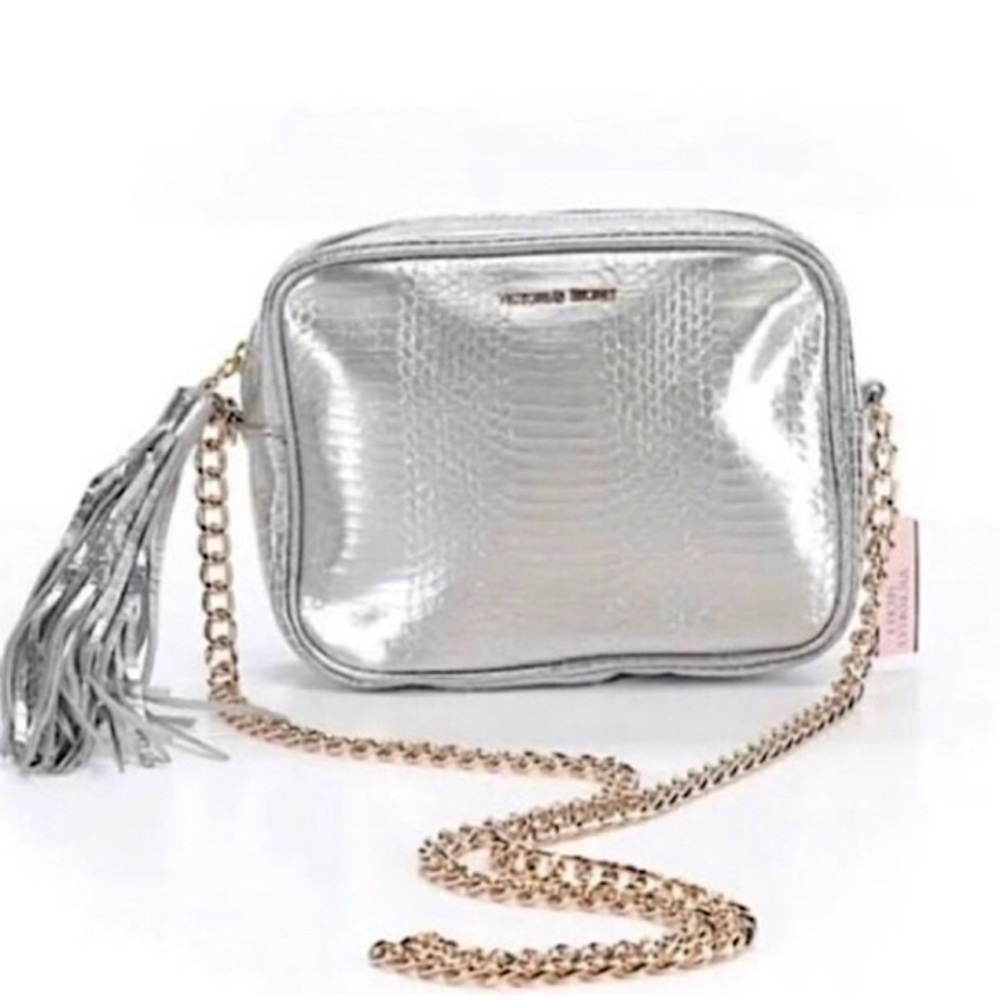 🆕🔥VICTORIA SECRETS GORGEOUS&CHIC GOLD CHAIN SILVER/REPTILE TEXTURE CROSSBODY/HTF